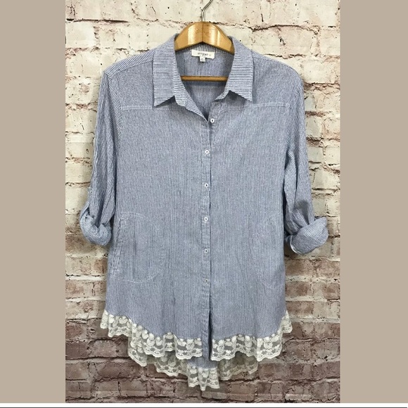 Umgee Tops - Umgee + Blouse 1X Lace Blue Stripe Chambray
